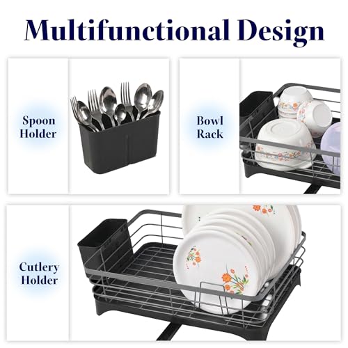 Image of Kuber Industries Stainless Steel Kitchen Drying Rack with Drain Tray & Cutlery Holder | Countertop Utensils Stand | Dish Rack for Kitchen | Bartan Stand | Gray