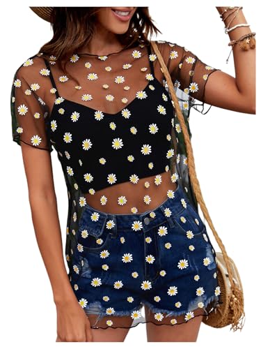 WDIRARA Women's Floral Mesh Sheer Cover Up Short Sleeve Beach Dress Coverups