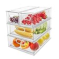 Greenby 4 Pack Refrigerator Organizer Bins with Pull-out Drawer Stackable Clear Fridge Drawer Organizer Fruit Vegetable Storage Containers for Kitchen Pantry Organization (2 Large+2 Small)