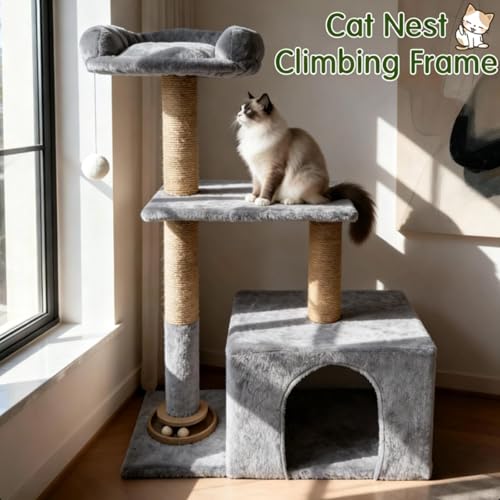Árbol pequeño para gatos de interior con rascador y cesta miniatura 4