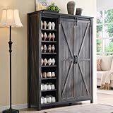 OKD Shoe Storage Cabinet with 2 Sliding Door, 7-Tier 62' Tall Farmhouse Entryway Shoe Organizer, Freestanding Rustic Hidden Shoe Rack Cabinet for Entryway, Dark Rustic Oak