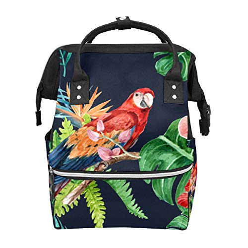 Reise-Wickeltasche Papagei auf tropischen Blättern & Blumen Multifunktions Babytasche Reiserucksack Funktionelle Schultasche für Damen Herren