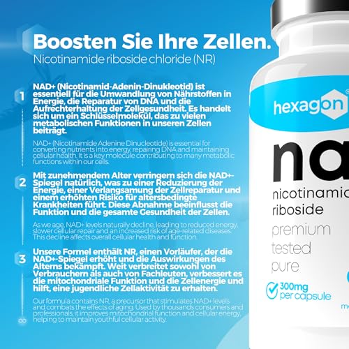 NAD+ Nicotinamide Riboside Chloride 300mg - +3 Monate Kur - NAD Booster - Anti-Aging & Gegen Müdigkeit - Made in France - 90 Vegetarische Kapseln - Vegan - Hexagon
