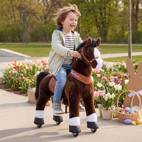 Image of PonyCycle Official Classic U Series Ride on Horse Toy Plush Walking Animal Chocolate Brown Horse Size 3 for Age 3-5 Ux321