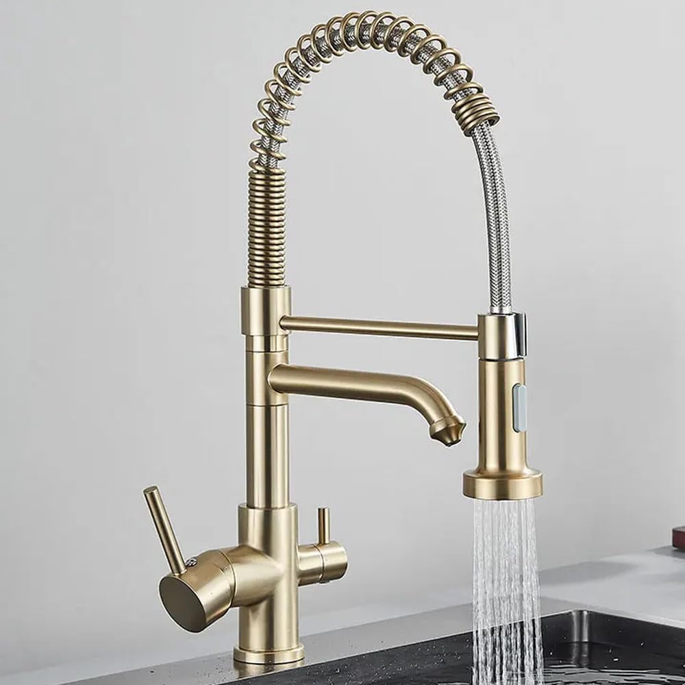FCXWEVR Brushed Gold Kitchen Faucet with 360° Rotation Dual Mode Hot & Cold Water Filter Tap Brass Purification Mixer Tap for Home & Restaurant Use