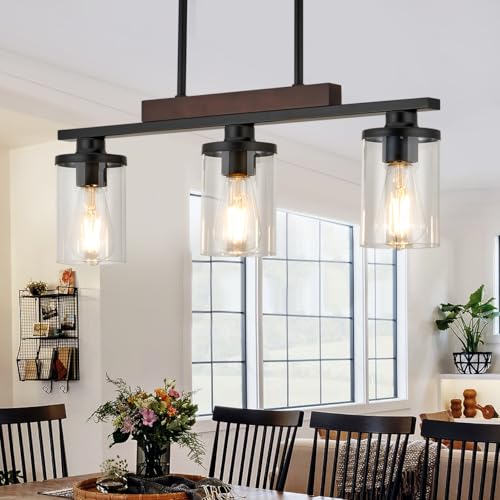 Twig Wood Island Light For Kitchen/Restaurant,3-Light Farmhouse Dining Room Fixture/Chandelier Over Table/Bar,Matte Black Industrial Linear Pendant Lighting Fixtures Ceiling Hanging With Glass Shade-E26 thumb #6