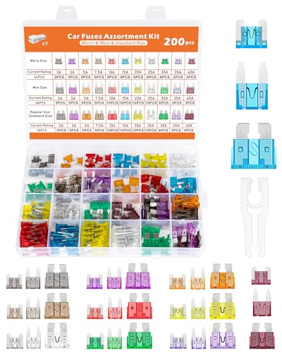 Acual 200Pcs Autosicherungen Set Gemischt Kfz Sicherungen Set 2A-40A 68 Mini Flachsicherungen + 68 Standard Sicherungen + 64 Micro Auto Sicherungen mit Zieher für PKW LKW Motorrad Wohnmobil