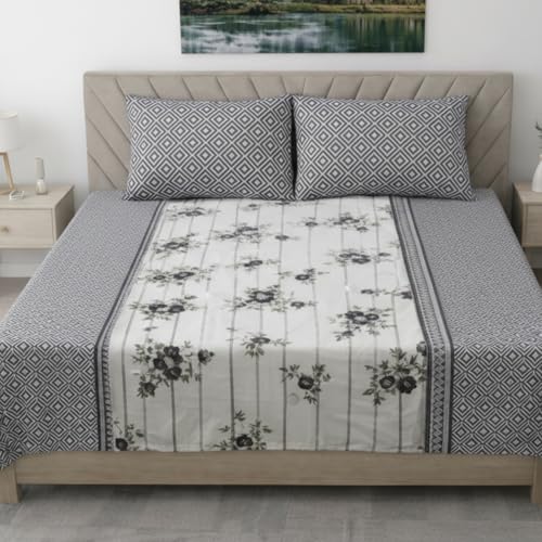 Image of Mafatlal 186 TC Grandious Premium King Size Cotton Bedsheet | 108 x 108 Inches | Lightweight Cooling Summer Fabric | Soft Touch Bedding with Pillow Covers | Premium Ash