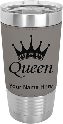 LaserGram Vaso aislado al vacío de 20 onzas corona Queen grabado personalizado incluido piel sintética gris
