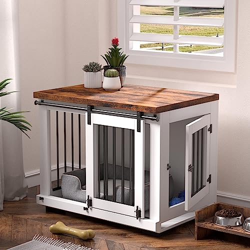 Image of Zakkart Dog Crate Furniture Barn Door for Medium Dogs Up to 40 lbs. - Puppy Kennel w /Thickened Farmhouse Top & Steel Bars - 30'' Wide - White Decorative Modern Dog Crate Table, End Table, Nightstand