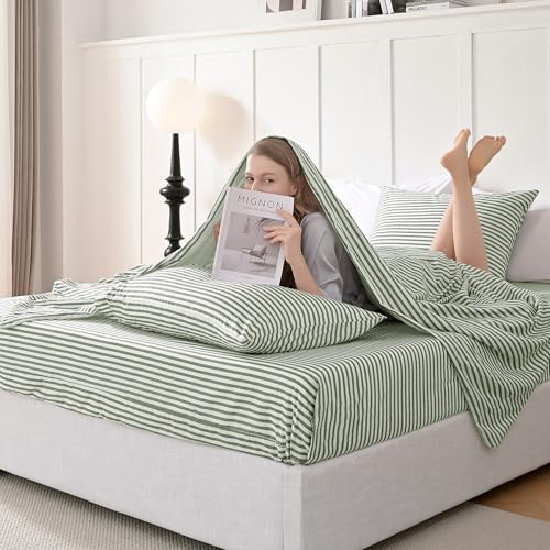 Jellymoni Striped Sheets Set Queen Size, 4 Pieces 100% Cotton Bed Sheets - 16 Inch Deep Pockets Fitted Flat Sheet & Pillowcase Bedding Set thumb #2