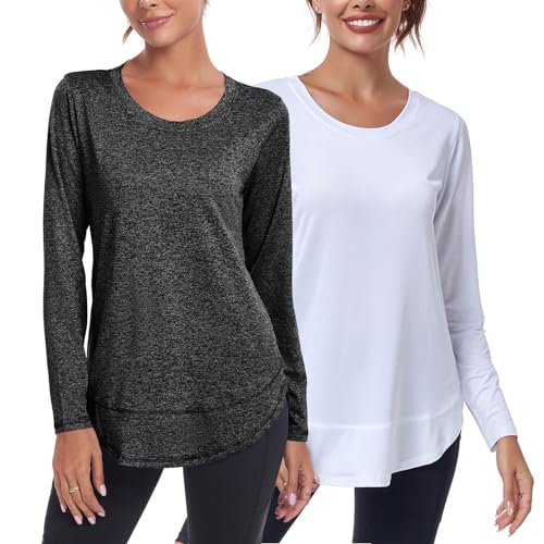 Deaviya Womens Long Sleeve Sports Tops UK, Sport Yoga T-Shirt Workout Running Tops, Crew Neck Quick Dry Golf Activewear Ladies Gym Sports Top, XXL,Black+White