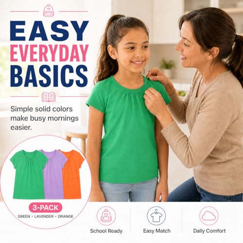 Image of Bienzoe Plain Solid Girls T-Shirts: School Basic Tee 3-Pack | Short Sleeve, Ages 4-13, PE, Recess, Outdoor Play, Soft Cotton Blend, Breathable Quick-Dry, Easy Care, Easy to Mix and Match