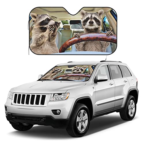 Windshield Sun Shade Funny Raccoon Driving Car Car Front Window Sunshade Blocker Uv Visor Retractable Automotive Sunshades For Vehicle Suv Truck Protector #TOP2