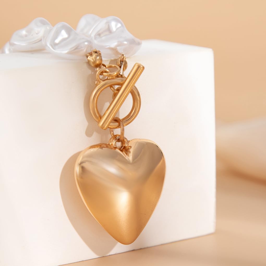 Chunky Gold Big Pearls Heart Pendant Necklaces for Women Baroque Pearl Statement Choker Necklace OT Toggle Love Necklace Jewelry Accessories - Image 7