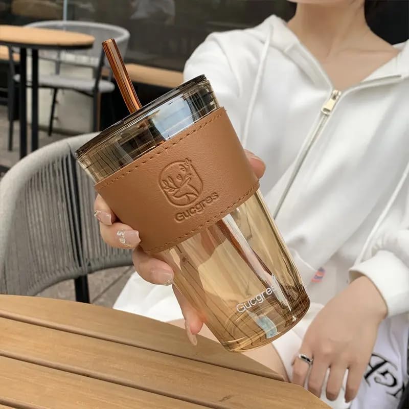 Image of 450ml Glass Iced Tea Tumbler with Lid & Straw - Multipurpose Travel Coffee Sipper Mug with Brown Leather Sleeve Grip - Reusable Drinking Glass for Milk, Smoothies, Cocktails - Pack of 1