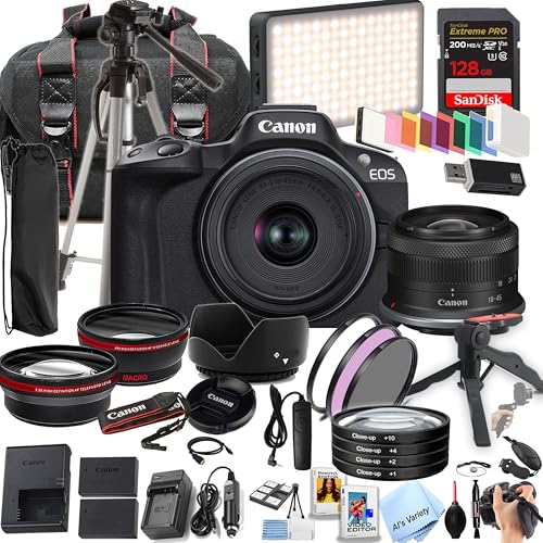 Canon EOS R50 24.2MP APS-C CMOS Sensor Mirrorless Camera with 18-45mm Lens+ 128GB Extreme Memory, LED Video Light, Wide Angle Lens, Telephoto Lens, 3pc Filter Kit- 42pc Pro Bundle (Renewed)