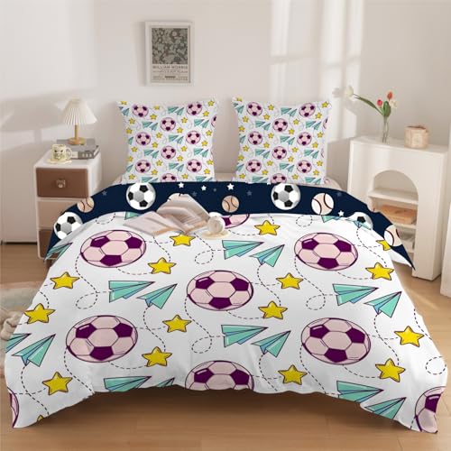 phonxia Parure de Lit 140x200 Ballon De Football Housse de Couette 2 Personnes avec Fermeture Éclair éToiles Sets de Housse Couette Respirant Microfibre + 2 Taie Oreiller 65x65 D51