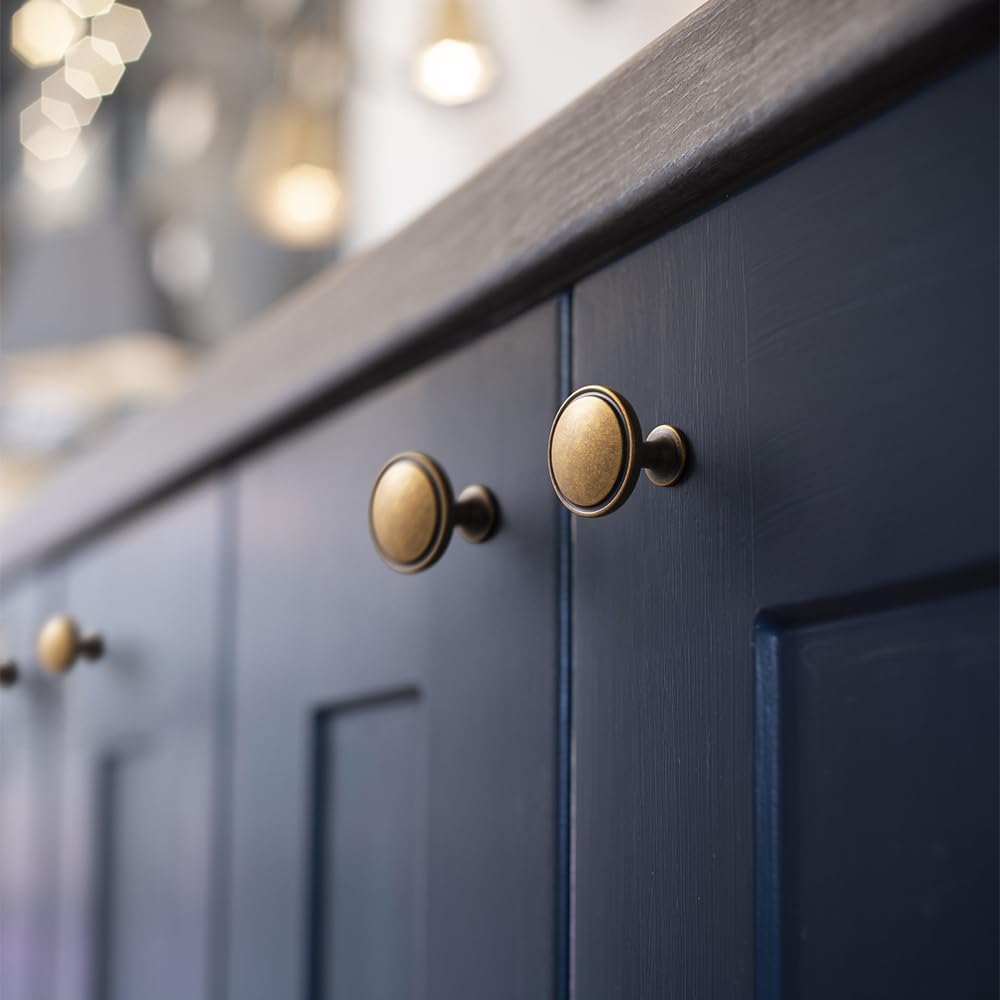 Set of 12 Antique Brass Minimalist Cabinet Knobs with Subtle Concave Rim Detailing Vintage Hardware for Kitchen Drawer