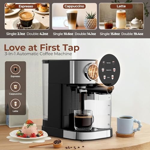 Image of Electactic Espresso Machine 20 Bar, Super Compact Espresso Maker Stainless Steel with Touch Screen, Professional Coffee Machine, Automatic Milk Frother for Cappuccino