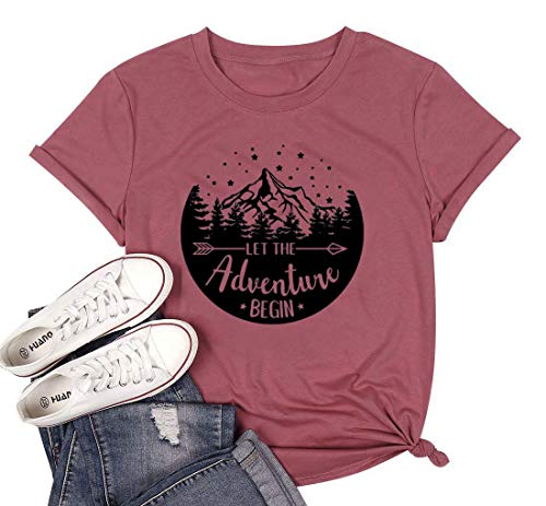 HDLTE Women Camping T Shirt Short Sleeve Outdoors Graphic Tee Letter Print Causal Workout Tops (A-Red, L)