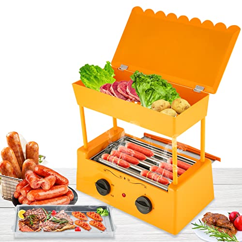Macchina 2 in 1 per hot dog con scatola portaoggetti, teglia da forno, padella per olio, griglia rotante a 360 gradi per cibi fritti, 300 W, 240 ℃