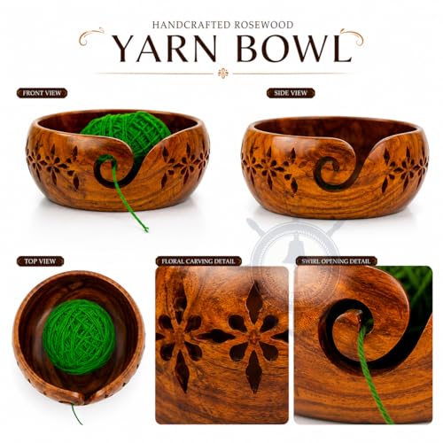 Image of Premium Rosewood Storage Bowl for Yarn Balls & Skeins with Decorative Carved Drills & Drops & Candy Knitting Needles | Knitting & Crochet Notions | Nagina International (Large)