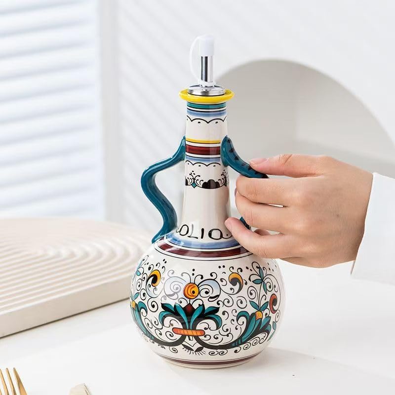 Italian Ceramic Olive Oil Dispenser Bottle 23oz, Hand Painted Olive Oil Bottles, Decorative Stoneware Olive Oil Cruet for Kitchen with Stainless Steel Spout for Oils, Sauces, Vinegar (B) - Image 3