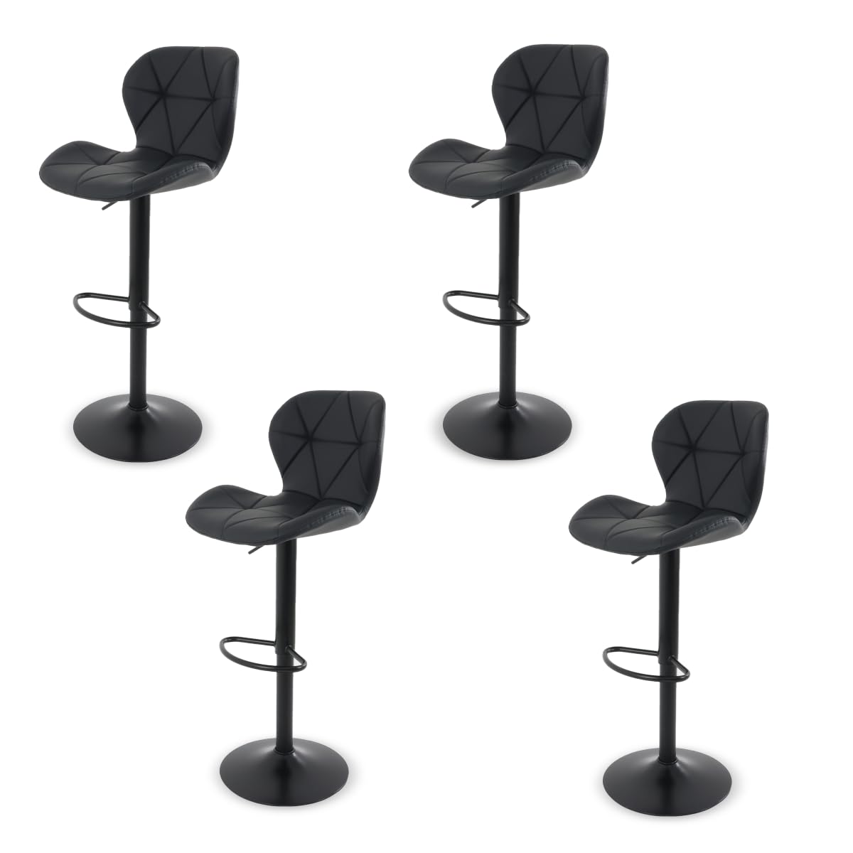 GAON. Sillas de Bar y Barra de Cocina de Acabado Moderno con Respaldo y Reposapies de Altura Ajustable - Bancos Giratorios para Bar con Asiento Acolchado Diseño Elegante Set 4 Piezas Negro