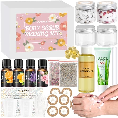 JUYRLE Body Scrub Making Kit- Make Your Own Salt Body Scrub with Almond Oil, Essential Oils, Moisturizing and Exfoliating Dry Skin Hand Foot DIY Organic Body Scrubs Christmas Gifts For Women & Men