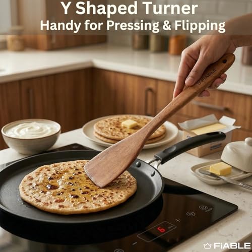 Image of FiABLE Pure Neem Wood Spatula Set for Cooking Dosa, Chapati, paratha and Mixing, No Harmful Polish, Naturally Antimicrobial and Non Stick - Flip & Toss Set of 3