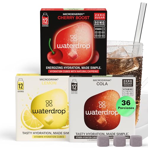 waterdrop® Microdrink Mix, 36 Pastillas Saborizantes Para Agua, Bebidas Mix Sabores COLA, LIMÓN, CEREZA.Sin Azúcar, baja en calorías y con vitaminas, Bebida Instantánea, Polvo de Hidratación