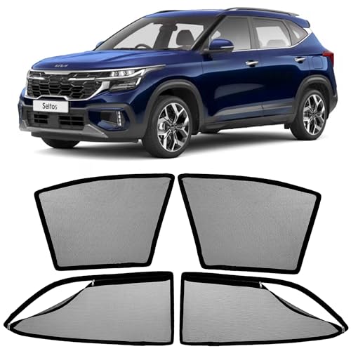 Image of AutoStory Magnetic Car Sunshade for Seltos | Front Half Cut for Mirror Visibility + Rear Full Coverage with Zipper | Heavy Heat & UV Protection | Privacy Side Window Curtains Shades