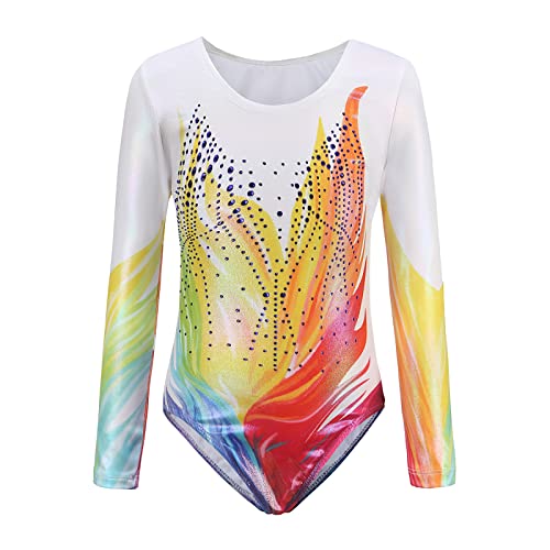 IBAKOM Enfant Filles Justaucorps Gymnastique Body Danse manches longues pailleté dégradé Justaucorp ballet Ballerian Athlétique Vêtements de Danse salon Jaune + Orange 7-8 ans Cover