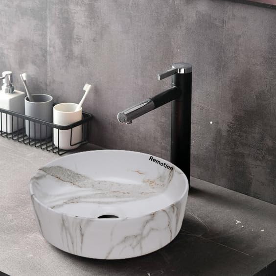 Image of REMOTION Round Countertop Wash Basin For Bathroom | Tabletop Ceramic Bathroom Sink | Wash Basin Over Counter | Wash Basin For Living Room, Resturent (12.5 x 12.5 x 5 Inch) (Marble White Grey)