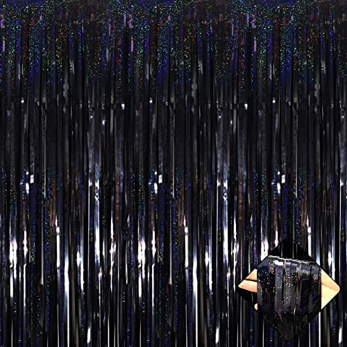 Image of 4 Pack 3.2Ft x 8.2Ft Black Foil Fringe Curtain Backdrop, Metallic Tinsel Foil Fringe Streamers Curtains Background for Photo Booth, Birthday, Wedding, Disco, Bachelorette, Christmas Party Decoration