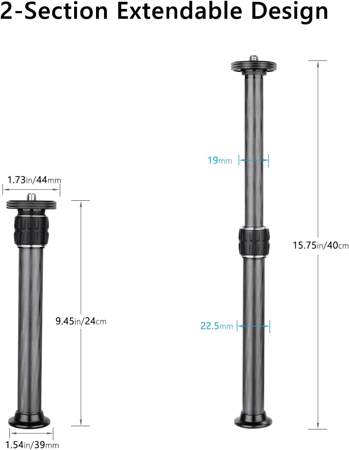ARTCISE Carbon Fiber Two Section Tripod Center Column Extender, 1/4" & 3/8" Screw Mid Column Extension Adapter for DSLR Mirrorless Camera Tripods（22.5mm Max Tube）