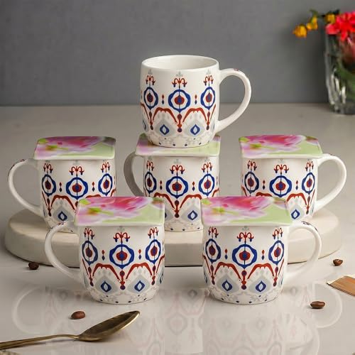 Image of U.P.C. Premium Bone China Ceramic Coffee Mug Set of 6 with 6 Coasters | Designer Tea & Coffee Cups |Printed Ceramic Mug Set | Tea Cups for Home,Office