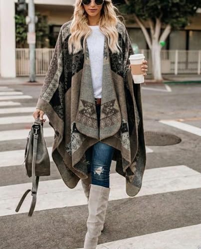Image of Bestshe Women's Boho Open Front Poncho Plaid Shawl Wrap Cape | Tassel Cardigan Sweater, Cozy Layering, Fall Winter Clothes for Women