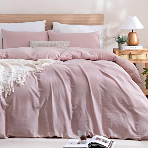 Image of TOCOMOA Muslin Duvet Cover 100% Cotton Like Linen Texture Breathable Soft Comfy 3-Piece Pink Comforter Cover Bedding Set (King 104 inchx90 inch, Comforter Not Included)
