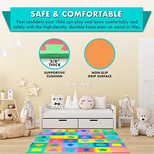Image of ProSource Kids Foam Puzzle Floor Play Mat with Shapes & Colors 36 Tiles, 12 inchx12 inch and 24 Borders