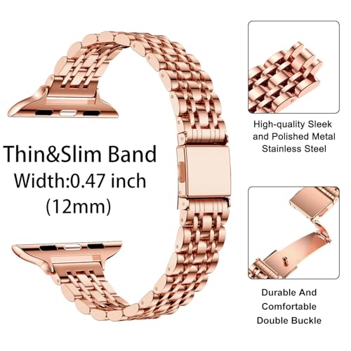 Image of MioHHR Slim Metal Band Compatible with Apple Watch Bands 42 /41 /40 /38mm | Thin Luxury Stainless Steel iWatch Bands Series 11 /10 /9 /8 /7 /6 /5 /4 /3 /2 /1 /SE3 /SE2 /SE for Women,Rose Gold