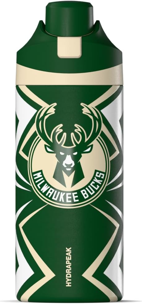 Hydrapeak x NBA Officially Licensed Milwaukee Bucks Oasis 20 oz Insulated Kids Water Bottle, Stainless Steel Water Bottle Kids with Chug Lid, Push Button