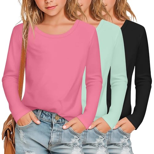 3 Pack Girls' Long Sleeve Shirts Round Neck Soft Tunic Tops Loose Fit Casual Basic Pullover Tee for 5-14 Years
