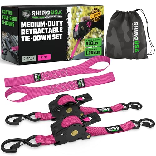 Image of Rhino USA Retractable Ratchet Straps (2-Pack) - 1 Inch x 10 Feet (1,209lb Break Strength) - Auto Self Retracting Tie Down Straps for Truck, Cargo Trailer, Motorcycle, ATV, UTV - Pink