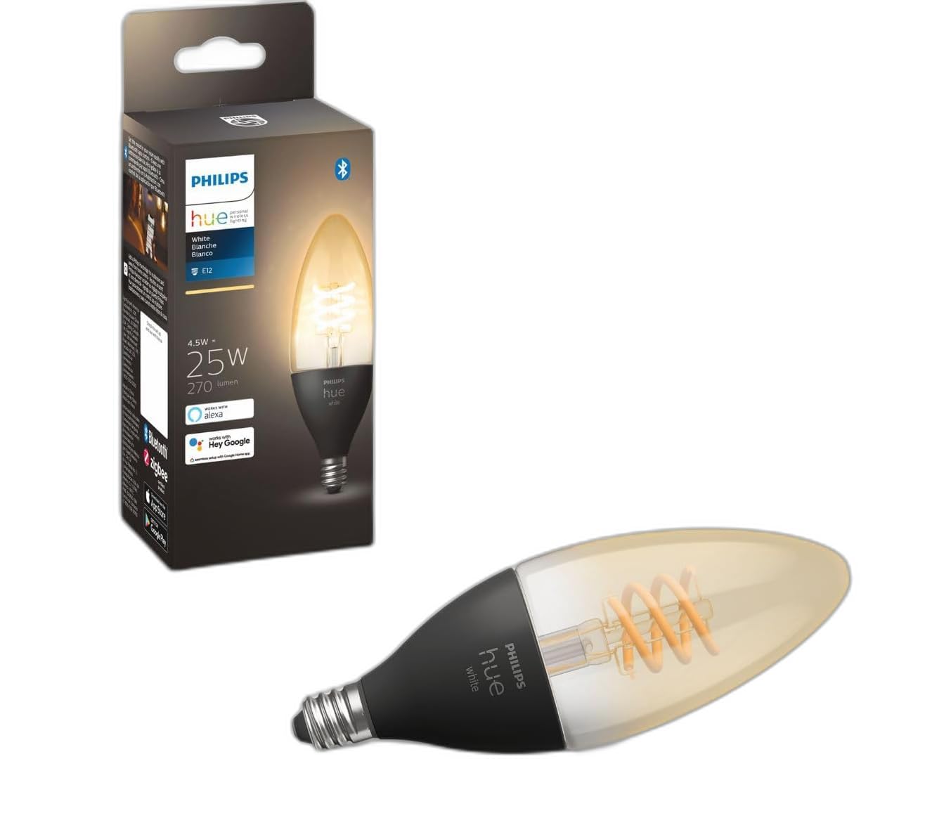 Philips Hue White Ambiance Filament E12 Candle Bulb Full Range of White Light, Compatible with Alexa, Google Assistant, and Apple HomeKit, Black