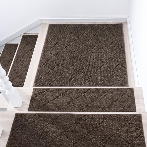 Image of COSY HOMEER Edging Stair Treads Non-Slip Corner Indoor Stair Runners for Wooden Steps,Landing Slip Resistant Stair Rugs Mat for Kids and Dogs,100% Polyester TPE Backing,Brown,30x30 inch