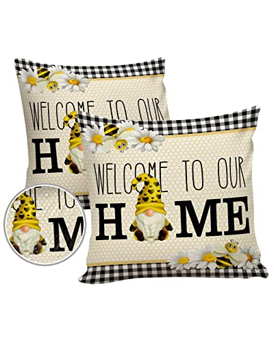 Outdoor Pillow Covers Waterproof, Spring Yellow Flowers Gnomes All Weather Cushion Case Set of 2, Floral Bee Honey Black Buffalo Plaid Decorative Pillowcases for Sofa Bed Decor Patio Furniture 18