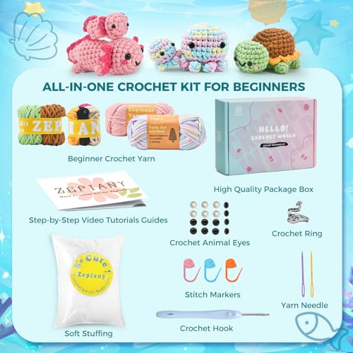 Image of Crochet Kit for Beginners, 5 Pack Amigurumi Beginner Crochet Kits Animals, Crochet Turtle Axolotl Octopus Crocheting Kit, Easy Knitting Kit for Beginners with Step-by-Step Video Craft Kits for Adults