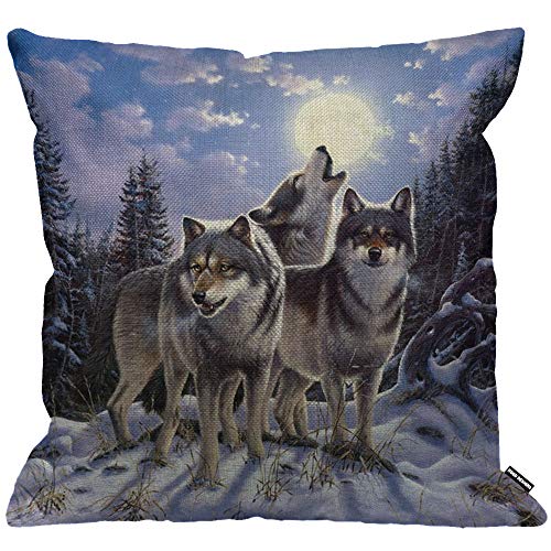 HGOD DESIGNS Housse de coussin loup sauvage dans la forêt d'hiver avec pleine lune, taie d'oreiller décorative pour homme/femme, salon, chambre à coucher,...